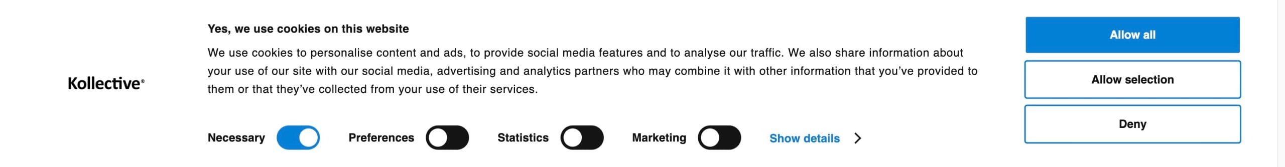 Example of the cookie consent banner on kollective.agency website