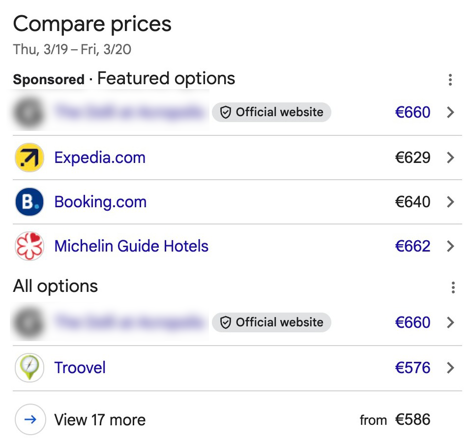Google Hotel Ads price comparison panel showing a hotel's official website appearing as both a paid sponsored placement and a free booking link at the same rate, alongside lower OTA prices