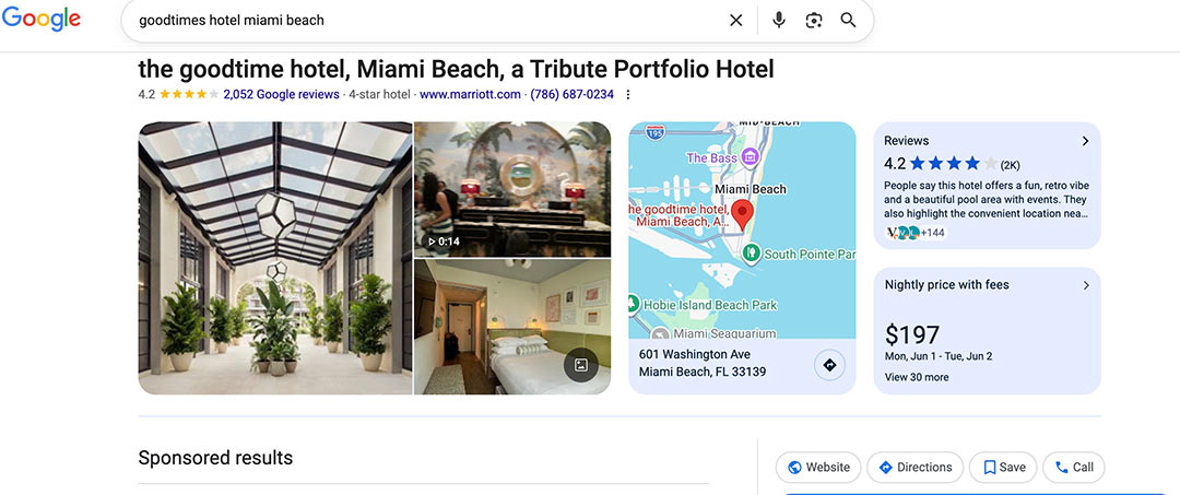Branded search results dominated by Google Business Profile, reviews and commercial placements before traditional organic listings.