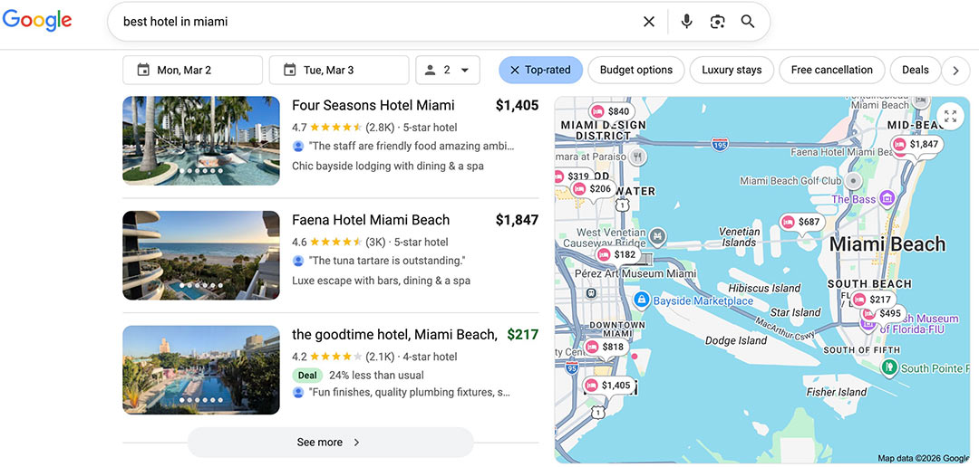 Search results dominated by Google’s hotel pricing and comparison interface.