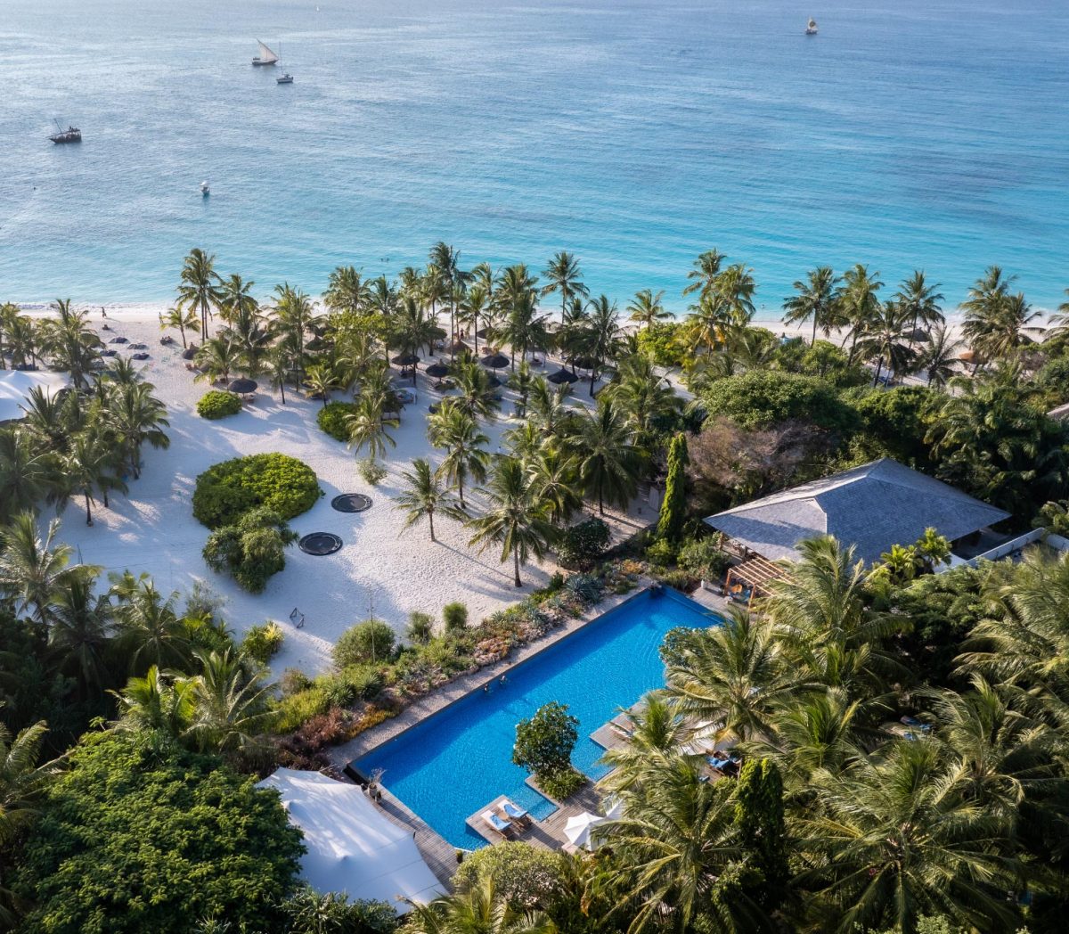 Aerial view of a hotel and beach front